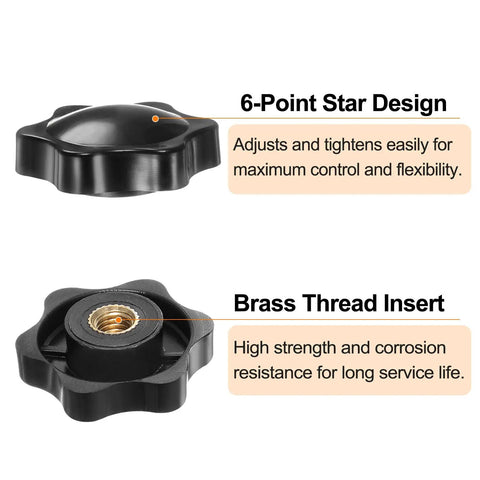 Six Pack M6 Star Knobs With 38mm Plastic Head And Brass Insert, 6 Point Star Grip Design, Non Through Hole, Black