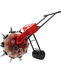 Easy To Use Manual Seed Planter With Hand Push Roller Seeder for the garden, showing red and black design with 10-port dispenser.