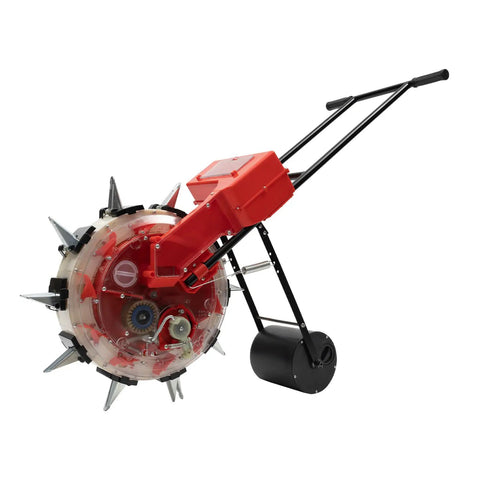 Easy To Use Manual Seed Planter With Hand Push Roller Seeder for the garden, showing red and black design with 10-port dispenser.