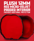 Plush 12mm red micro-velvet padded interior of Four Piece Rock Style Drum Case Set Built Like A Tank With Durable Roto Molded Body.