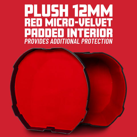 Plush 12mm red micro-velvet padded interior of Four Piece Rock Style Drum Case Set Built Like A Tank With Durable Roto Molded Body.