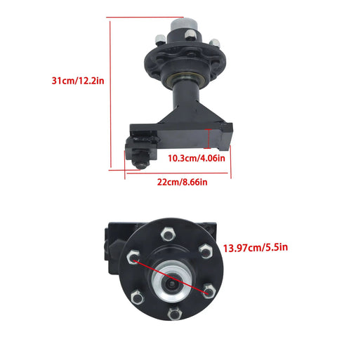 Top Shelf Two Piece Idler Hub Spindle Kit With 6 By 5.5 Bolt Pattern showing measurements, ideal for shipping containers and work rigs.