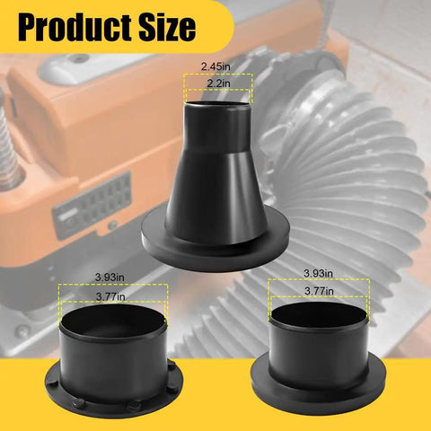 4 Inch Magnetic Dust Collection Hose Adapter Coupling Kit with Suction Fittings and size measurements for vacuum line setup.