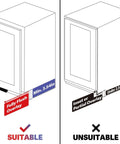 Diagram showing suitable cabinet fit for Under Cabinet Foot Pull With Thick EVA Pads Hands Free Toe Opener For Kitchen Trash Cabinets.