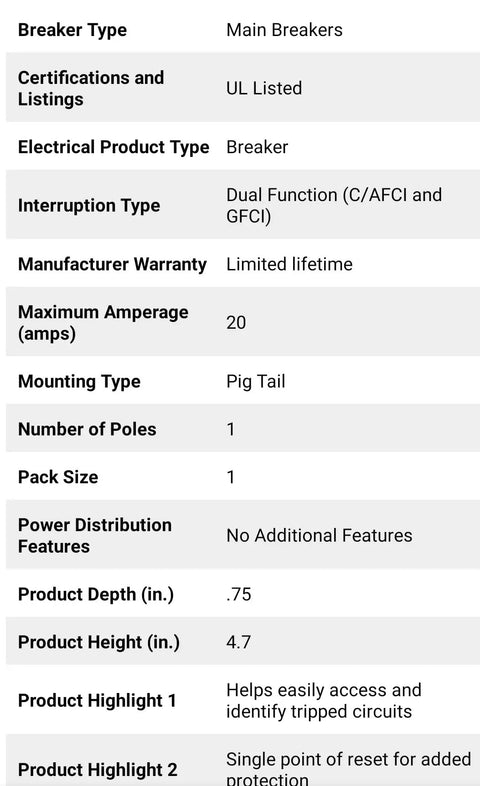 Specifications list for All In One 20 Amp Single Pole Circuit Breaker CHFN120A1CS Cutler Hammer CH Series Black For Home Electrical Panel Upgrade.