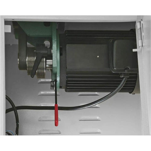 Internal view of Heavy-Duty Variable-Speed Wood Lathe Workhorse with 3 HP 220V motor and 3-phase mechanism enclosure