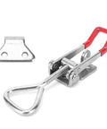 Beefy Heavy Duty Adjustable Toggle Latch Clamp in stainless steel, red handle, shown with mounting plate, 600 kg holding power