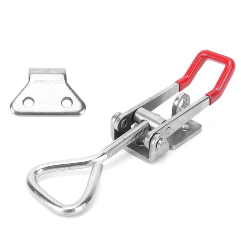 Beefy Heavy Duty Adjustable Toggle Latch Clamp in stainless steel, red handle, shown with mounting plate, 600 kg holding power