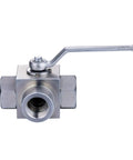 Taixin 3-way high-pressure ball valve, 1/2 in NPT female ports, L-bore, metal lever handle