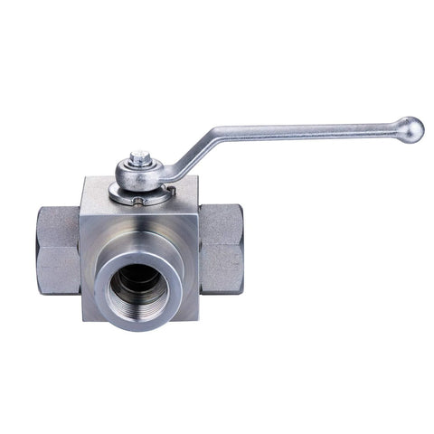 Taixin 3-way high-pressure ball valve, 1/2 in NPT female ports, L-bore, metal lever handle