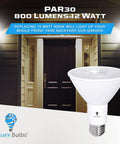 10 Pack PAR30 Outdoor LED Flood Light Bulbs 12W 100W Equivalent displayed in front of a porch with dim light.
