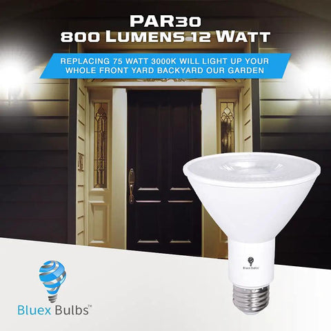 10 Pack PAR30 Outdoor LED Flood Light Bulbs 12W 100W Equivalent displayed in front of a porch with dim light.