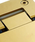 Close-up of Heavy Duty 135 Degree Glass Door Hinge With Dope Brushed Gold Finish and Rust Resistant 304 Stainless Steel.
