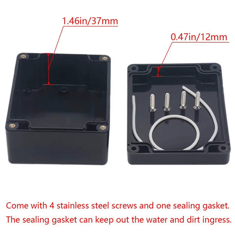 2 Pack IP65 Waterproof ABS Plastic Project Box Junction Boxes For DIYers Electronics Weatherproof Electrical Case Power Enclosure Black Outer Dimensions 4.53 By 3.54 By 2.17 Inches, open with screws and gasket