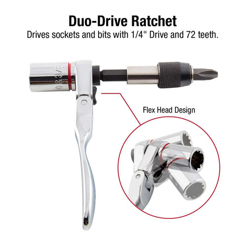 Handy 1/4 Inch Drive Dual Flex Head Ratchet Set showcasing dual head design for socket and bit access in tight spaces.