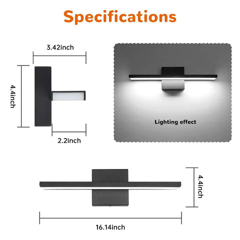 Specifications of Sleek Black LED Vanity Light For Bathroom 16 Inch 16W Over Mirror Wall Mounted 6000K Cool White Integrated Fixture