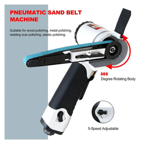20mm Air Belt Sander Workhorse For Heavy Duty Woodworking Metal Polishing And Precision Grinding Built Like A Tank With Rust Resistant Alloy Body, showcasing adjustable speed and rotating body.