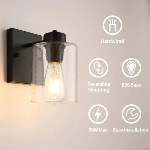 Set Of Two Matte Black Wall Sconces With Clear Glass Shade, Industrial Farmhouse Vanity Lighting Fixtures for Bathroom Mirror and Hallway