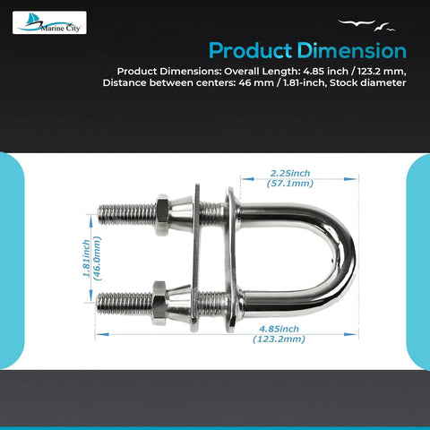 Badass 316 Stainless Steel U Bolt With Plates Nuts And Washers 4 85 Inch Long 2 25 Inch Wide 46Mm Center 8Mm Diameter dimensions for marine use