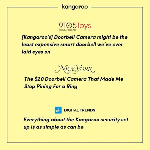 Endorsements for Kangaroo doorbell camera from 9to5Toys, New York Magazine, and Digital Trends highlighting affordability and simplicity.