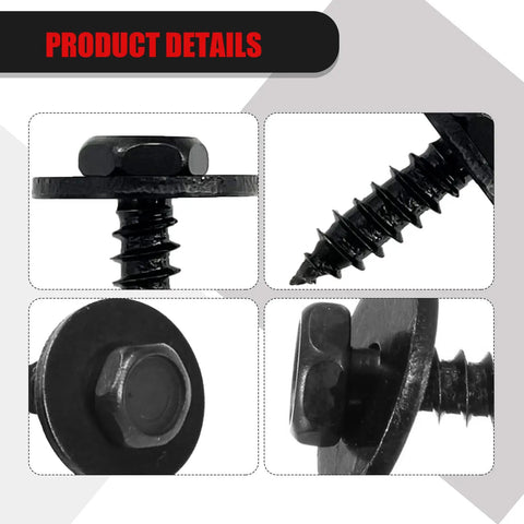 Heavy Duty Hex Head Self Tapping Screws For Auto Bumper Hood Trim 20 Pack Slick Black Finish close-up showing head and thread details.