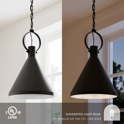 Industrial Pendant Light With Metal Shade And Adjustable Chain In Matte Black For Kitchen Island Or Dining Area
