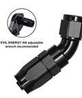 10AN 45 Degree One Piece Full Flow Hose End Fitting Swivel For CPE Braided Hose With 7/8 14 UNF Thread 6061 T6 Aluminum AN10 fitting shown with wrench