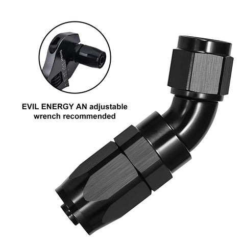 10AN 45 Degree One Piece Full Flow Hose End Fitting Swivel For CPE Braided Hose With 7/8 14 UNF Thread 6061 T6 Aluminum AN10 fitting shown with wrench