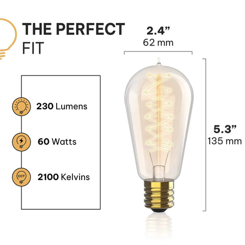 Vintage Edison Light Bulbs 60W 4 Pack ST58 Squirrel Filament Clear Glass E26 E27 Dimmable Warm White 2100K dimensions