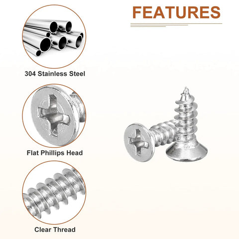Premium Heavy Duty 100 Piece M4 X 12 Mm Flat Head Phillips Self Tapping Wood Screws Made From Tough 304 Stainless Steel showing flat head and clear thread.