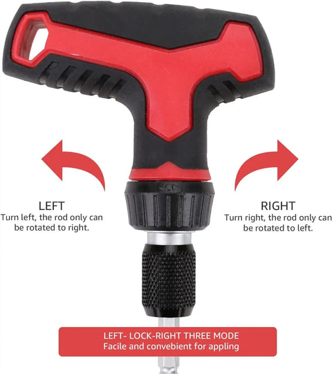 T-Handle Ratchet Screwdriver Set With Magnetic Bit Holder showing left-right rotation instructions