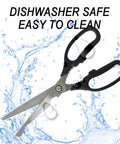 Big Ol Kalbi Meat Cutting Scissors For Korean BBQ And All Purpose Kitchen Tasks, Heavy Duty Stainless Steel Utility Kitchen Shears For meat shown open with black handles