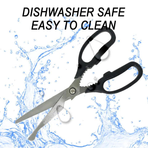 Big Ol Kalbi Meat Cutting Scissors For Korean BBQ And All Purpose Kitchen Tasks, Heavy Duty Stainless Steel Utility Kitchen Shears For meat shown open with black handles
