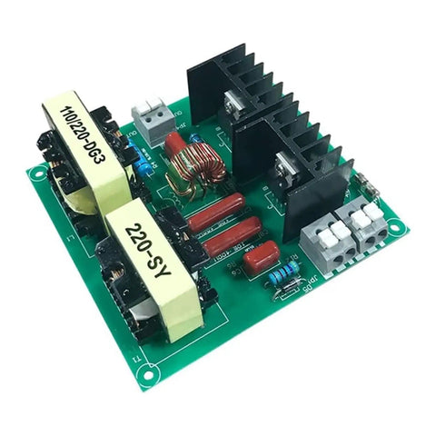 Beefed Up 150W Ultrasonic Cleaner Driver Board Kit with 3 transducers, 220V 40KHz PCB master set, circuit board components view.