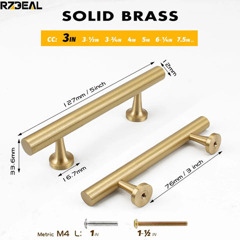 3 Inch Solid Brass Cabinet Pulls Round Bar Handles Brushed Gold 4 Pack displayed with measurement details