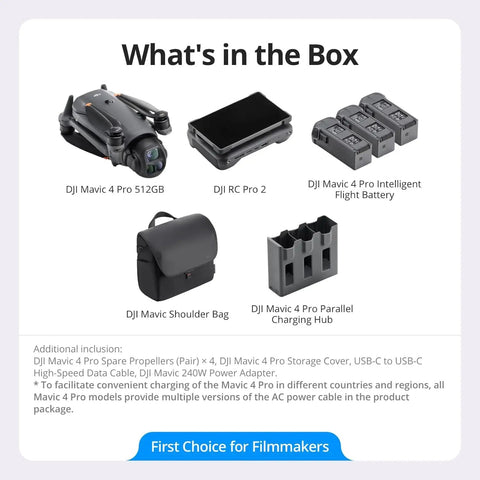 Mavic 4 Pro 512GB Creator Combo With RC Pro 2 Drone Featuring 100MP 4/3 Hasselblad Camera, batteries, charger, and bag.