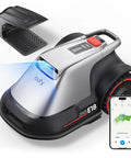 Robot Lawn Mower With Vision Navigation For 0.3 Acre Yards Hands Free Auto Mapping Wire Free Setup Multi Zone Management AI Obstacle Avoidance App Control Handles 18 Degree Slopes Adjustable Cut Height 1 To 3 Inches showing app control interface and vision sensors.