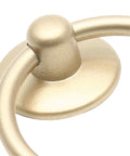 Close-up of gold finish vintage drop ring pull from 12 Piece Vintage Drop Ring Cabinet Pulls Set In Gold Finish 44mm Outer Diameter Metal Ring Knobs For Doors Cupboards Cabinets And Dressers Includes Mounting Screws For Easy Installation.
