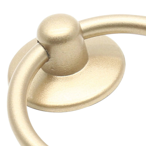 Close-up of gold finish vintage drop ring pull from 12 Piece Vintage Drop Ring Cabinet Pulls Set In Gold Finish 44mm Outer Diameter Metal Ring Knobs For Doors Cupboards Cabinets And Dressers Includes Mounting Screws For Easy Installation.