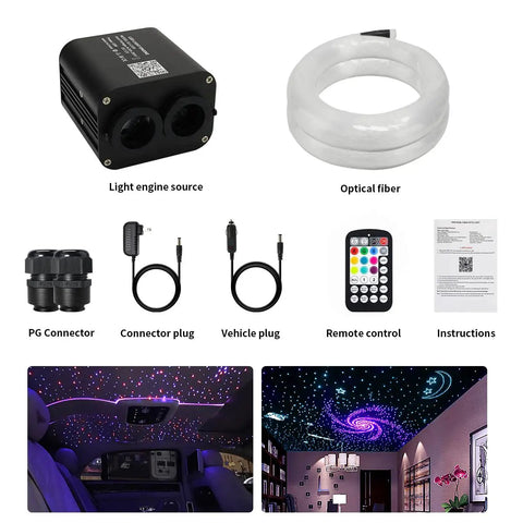 Dual Color 20W Fiber Optic Starlight Kit with 400 strands, light engine, connectors, remote, and car ceiling application.