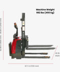 Heavy Duty Full Electric Pallet Stacker With 3300 Lb Capacity And 78 Inch Lift Height, side view showing dimensions and weight.
