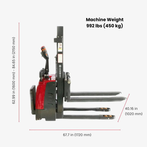 Heavy Duty Full Electric Pallet Stacker With 3300 Lb Capacity And 78 Inch Lift Height, side view showing dimensions and weight.