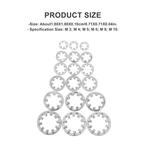 Internal Tooth Locking Washers Set Stainless Steel Star Serrated Lock Washers displayed in size order on white background