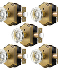 Octagonal Crystal Door Knobs Set Five Pack With Privacy Lock For Bedroom And Bathroom, Antique Bronze Rosette Finish