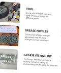 Beefed Up Hydraulic Grease Fitting Kit With 260 Pcs Metric And Imperial Nozzles, detailed view of components and storage box