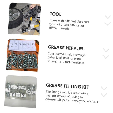 Beefed Up Hydraulic Grease Fitting Kit With 260 Pcs Metric And Imperial Nozzles, detailed view of components and storage box