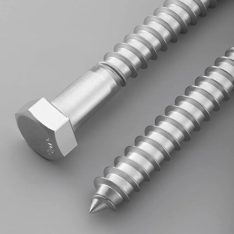 Close-up of Heavy Duty 28 Piece Lag Screws Set 1/4 x 1-1/2 Inch Hex Head With Flat Washers in 304 Stainless Steel for Wood Projects.