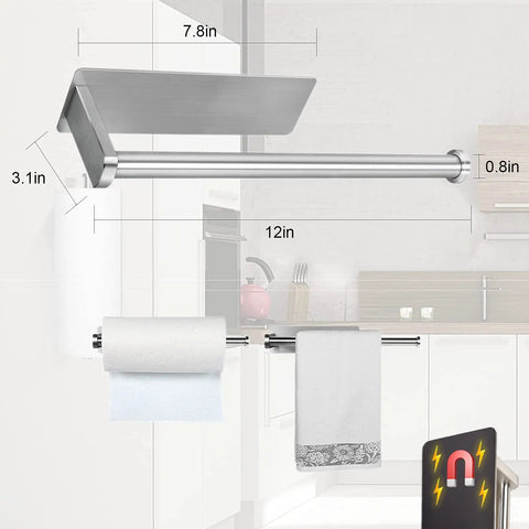 Magnetic Paper Towel Holder With Rotatable Brushed Steel Finish And Strong Magnetic Backing For Large Towels in kitchen setting