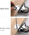 Installation steps for Top Shelf Swivel Casters With Brakes And Slick Nylon Wheels for Flower Stands and Furniture on wooden surface.