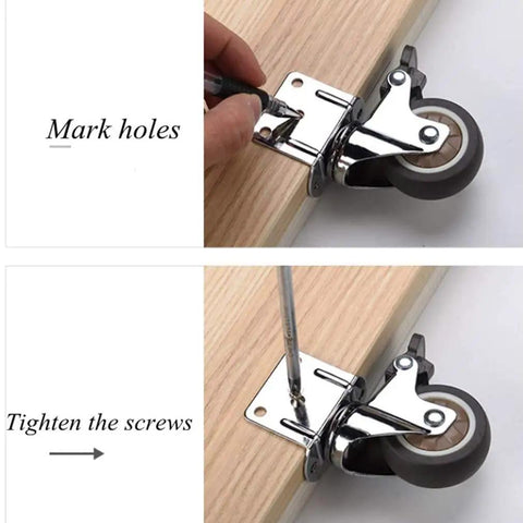Installation steps for Top Shelf Swivel Casters With Brakes And Slick Nylon Wheels for Flower Stands and Furniture on wooden surface.